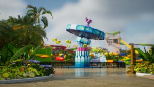 3D rendering of the Abby Cadabby-themed Wave Swinger ride at Sesame Place, created in Unreal Engine, surrounded by tropical landscaping and colorful water park attractions.